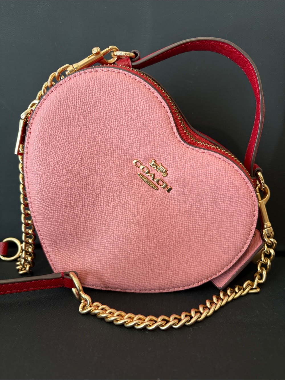 Coach Limited Edition Pink and  Red Heart Crossbody with Red Trim and Gold Chain